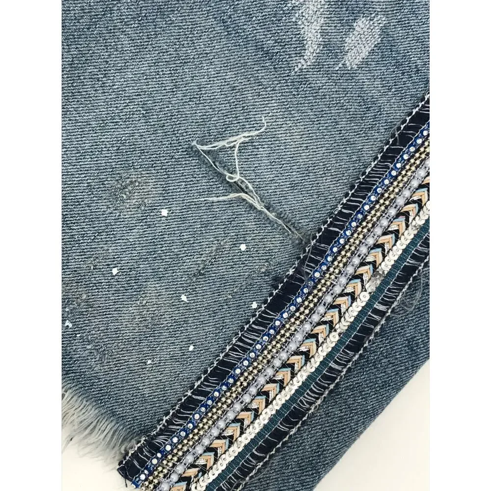 Free People Light Wash Embellished Denim Mini Skirt Size 2